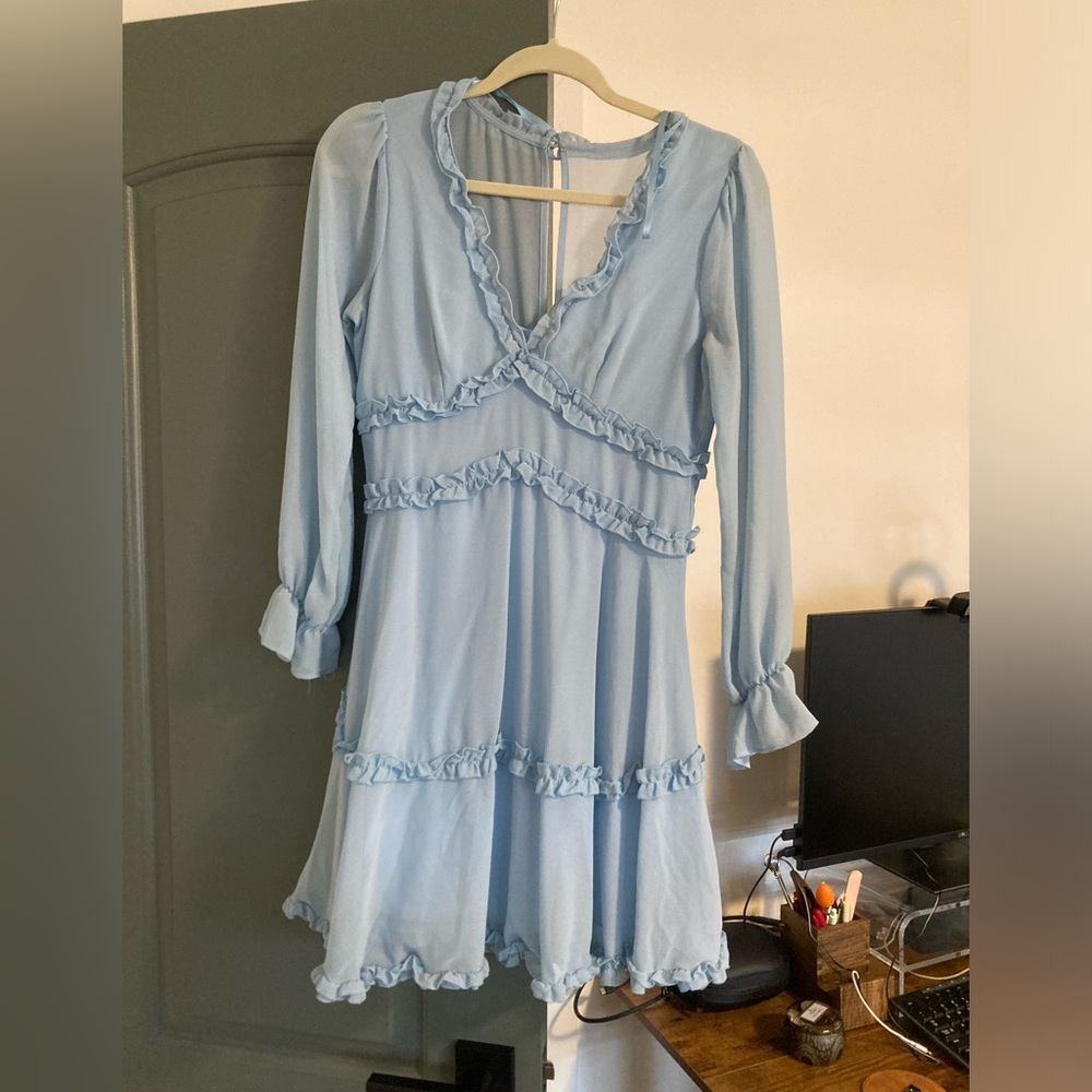 B Darlin Light Blue Bishop Sleeve Ruffled Sundress